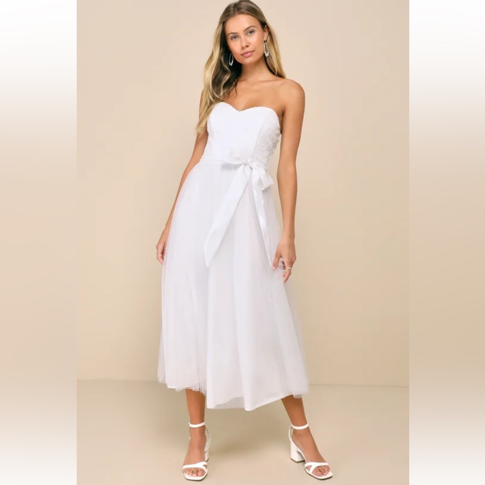 Lulus Beyond Immaculate White Sequin Strapless Embroidered Dress